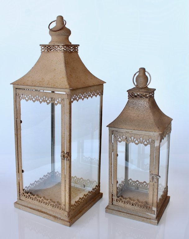 Set Of 2 Metal & Glass Lanterns